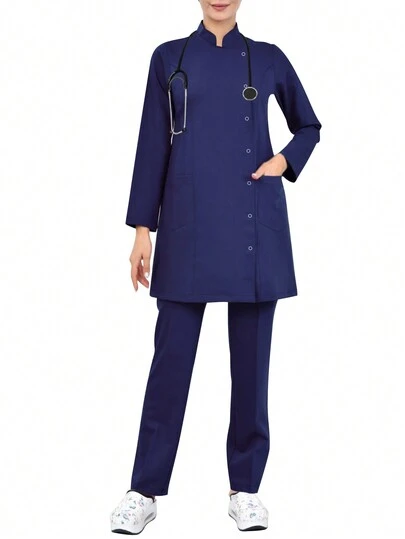 Solid Color Shirt Collar Button Front Long Sleeve Top With Pocket And Pants,  Uniform Scrub Set