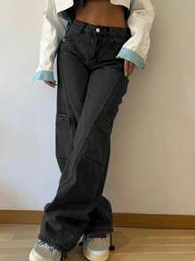 Boyfriend Style Patchwork Straight Leg Jeans For Women Casual Spring - Grey - View 7