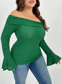 Mulvari Plus Size Nữ Xuân/Hè Màu Trơn Trễ Vai Áo Phông Slim Fit Có Tay Chuông - màu xanh lá - Xem 6
