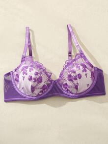 صدرية تطريز زهور على شبكة نسائية سكسية، ملابس داخلية - الأرجواني - مشاهدة 3