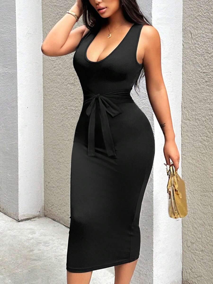 VaVaBold Solid Color Deep V Lace Up Detail Sleeveless Tight Fitting Dress - Black - View 1