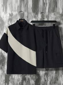 Manfinity Hypemode Set Kaos Polo Lengan Pendek dan Celana Pendek Kasual Pria Motif Blok Warna Musim Panas - MultiWarna - View 5