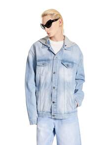 Manfinity Hypemode Men's Light Blue Vintage Distressed Denim Oversized Hooded Jacket - Light Wash - View 8