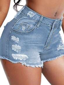 Mid-Waist Skinny Stretch Shorts - Distressed Frayed Hem, Showcasing Fashionable Style - Light Wash - View 4
