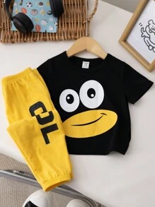 SHEIN 男婴卡通企鹅图案无袖 T 恤和裤子，2 件/套 - 黃色 - 查看 4