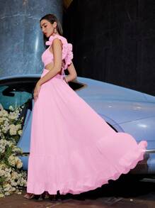 雪纺交叉带露背褶饰荷叶边下摆隐形拉链大摆晚礼服优雅正式婚礼宾客礼服，适合毕业典礼、晚宴派对礼服 - 粉色 - 查看 2