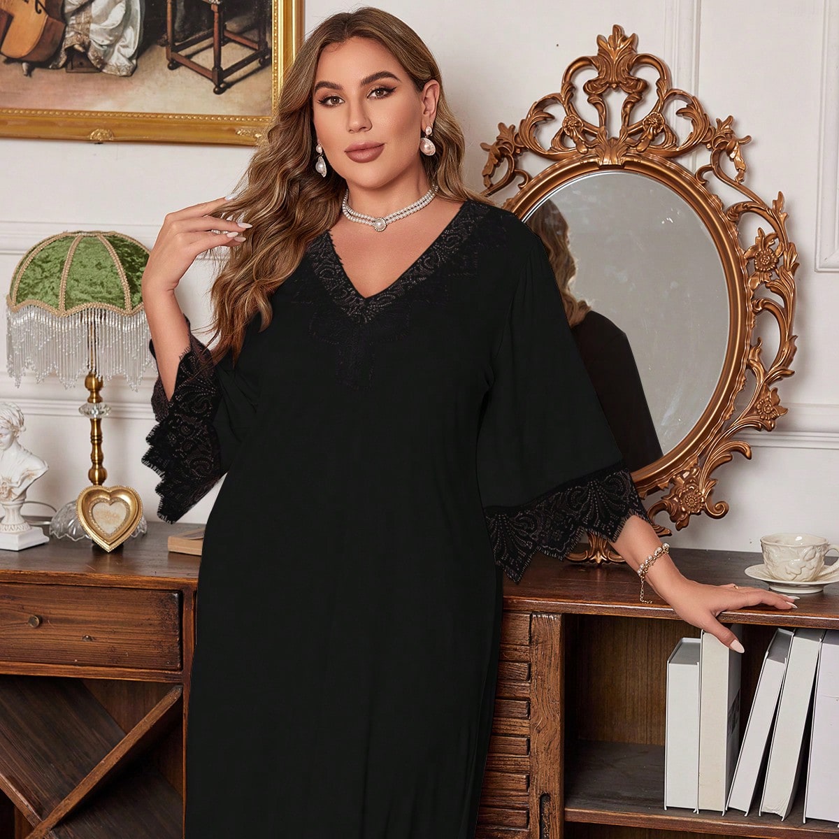 Camisón negro de seda de leche suave con parches de encaje, talla grande, vestido de dormir midi, vestido de pijama, vestido largo, atuendo acogedor,