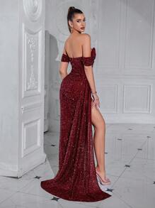 Elisanya Đầm dự tiệc cocktail hở vai xẻ đùi, xòe eo, có nơ, váy dạ hội trang trọng thanh lịch - Màu Đỏ Sâu - Xem 7