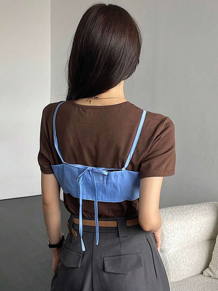 Women's Blue Knotted Strap Camisole And Brown Round Neck Short Sleeve Top, Casual Summer Outfit 2pcs/Set