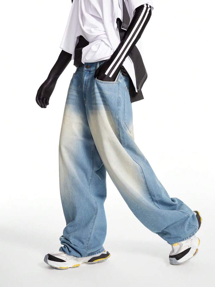 Men's Light Blue Faded Washed Loose Baggy Jeans With Wide Legs