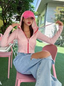 DAZY Allover Print Zip Up Drawstring Hooded Jacket,Fall Clothes - Pink - View 5