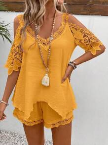 SHEIN LUNE 度假休闲纯色蕾丝拼布露肩上衣短裤两件套服装 - 黃色 - 查看 6