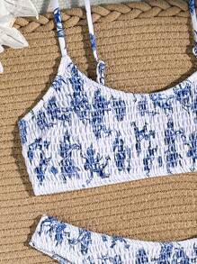 SHEIN Swim 女士夏季海灘花卉印花抽褶無肩帶性感比基尼套裝，隨機印花 - 彩色 - 查看 5