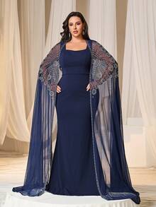 Faeriesty Curve Plus-Size Women's Formal Evening Dress With Heart Neckline, Mermaid Hem & Sequined Cape – Perfect For Wedding Banquets, Charity Galas, Corporate Dinners, Award Ceremonies - Navy Blue - View 6