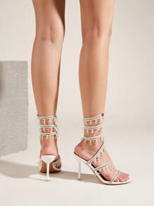 Women's White Pointed Toe Crystal Snake Wrap Fashion High Heel Sandals