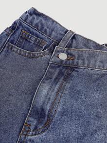 SHEIN Falda larga de mezclilla suelta y recta con cintura alta asimétrica y abertura lateral para niña preadolescente - Azul lavado medio - Ver 3