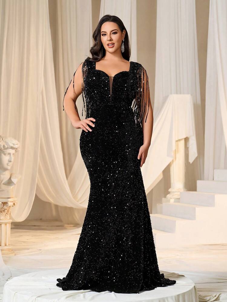 Faeriesty 加流苏边甜心领美人鱼下摆亮片派对礼服黑色优雅正式晚会舞会婚礼宾客礼服，适合毕业典礼、晚宴 - 黑色 - 查看 6