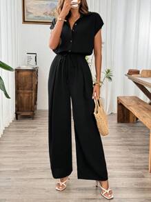 Calvaya Summer Casual Linen Black Jumpsuit With Elastic Waist And Wide-Leg Pants - Black - View 7