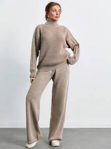 SHEIN Tall Tuta con maglione a collo alto, maniche cadenti e pantaloni - Moka Marrone - Visualizzare 5