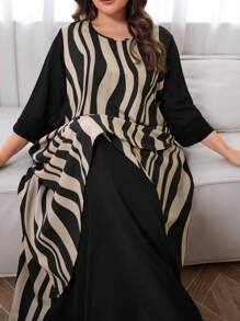 Mulvari Robe arabe à mailles contrastantes imprimées en vagues et en rayures, mode vintage décontractée et lâche printemps été