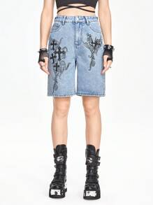 ROMWE Grunge Punk 女士十字印花百慕達牛仔短褲，附袋休閒款 - 淺藍色 - 查看 4