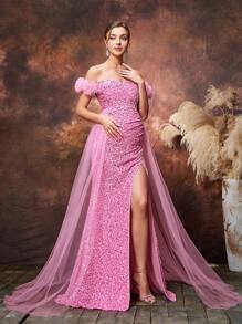 Maternity Off Shoulder Split Thigh Sequin Party Elegant Dress