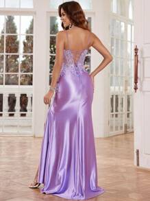 Lilac Elegnat Mermaid Lace Evening Dresses Long With High Slit Cross Back Deep V-Neck Sparkly Lace Prom Party Gowns For Women Elegant Formal Wedding Guest Dress, For Graduation, Dinner - Màu Lilac Tím - Xem 2