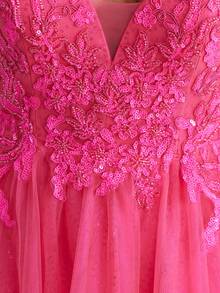 女士闪亮亮片刺绣网眼无袖派对礼服手工串珠蕾丝舞会礼服 A 字形系带后背亮片 V 领舞会礼服及地长背心返校节礼服青少年 - 玫紅色 - 查看 6