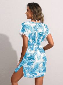 Swim Lushoire 女式假日海灘植物印花側開岔腰間束腰遮陽連衣裙 - 藍色 - 查看 3