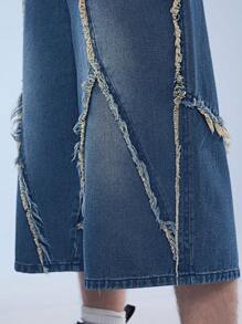 Manfinity Roghcode Men's Casual Denim Shorts With Raw Hem And Patch Pockets, Street Style - Dark Wash - View 5