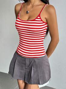 SHEIN EZwear 夏季黑白條紋印花背心上衣 - 紅色 - 查看 3