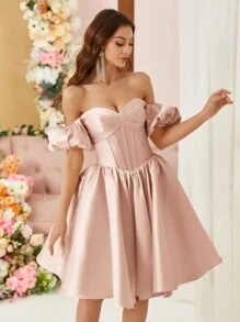 SHEIN Belle 女士纯色露肩短款泡泡袖优雅鸡尾酒会礼服舞会半正式婚礼宾客礼服，适合生日、毕业典礼、返校节 - 粉色 - 查看 7