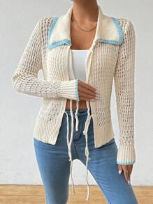 SHEIN LUNE Contrast Binding Trim Tie Front Pointelle Knit Cardigan - Apricot - View 3