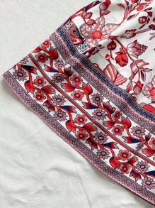 Soleia Blue & White Floral Print Drawstring Spaghetti Strap Hollow Out Waist Romantic Casual Vacation Dress For Women