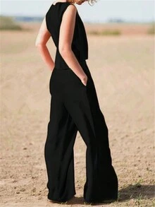 Simple Solid Color Casual Pants & Tank Top Two Pieces Set Black Summer - Black - View 2