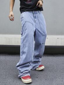 Manfinity EMRG Jeans holgados, de pierna ancha, informales y holgados con bolsillos para hombre