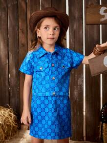 SHEIN Conjunto de blusa de manga corta con cuadros y bolsillo con botones y falda con estilo coreano para niñas, primavera/verano - Azul - Ver 3
