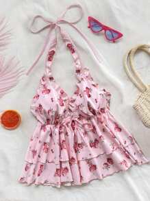 Soleia 女式碎花露背荷叶边背心，浪漫复古风格，适合夏季、海滩、派对、下午茶时间，可作为内衣或外套穿着