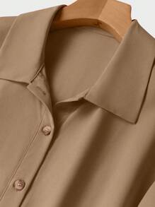 SHEIN LUNE Simple Casual Solid Button Front Shirt Dress - Coffee Brown - View 3