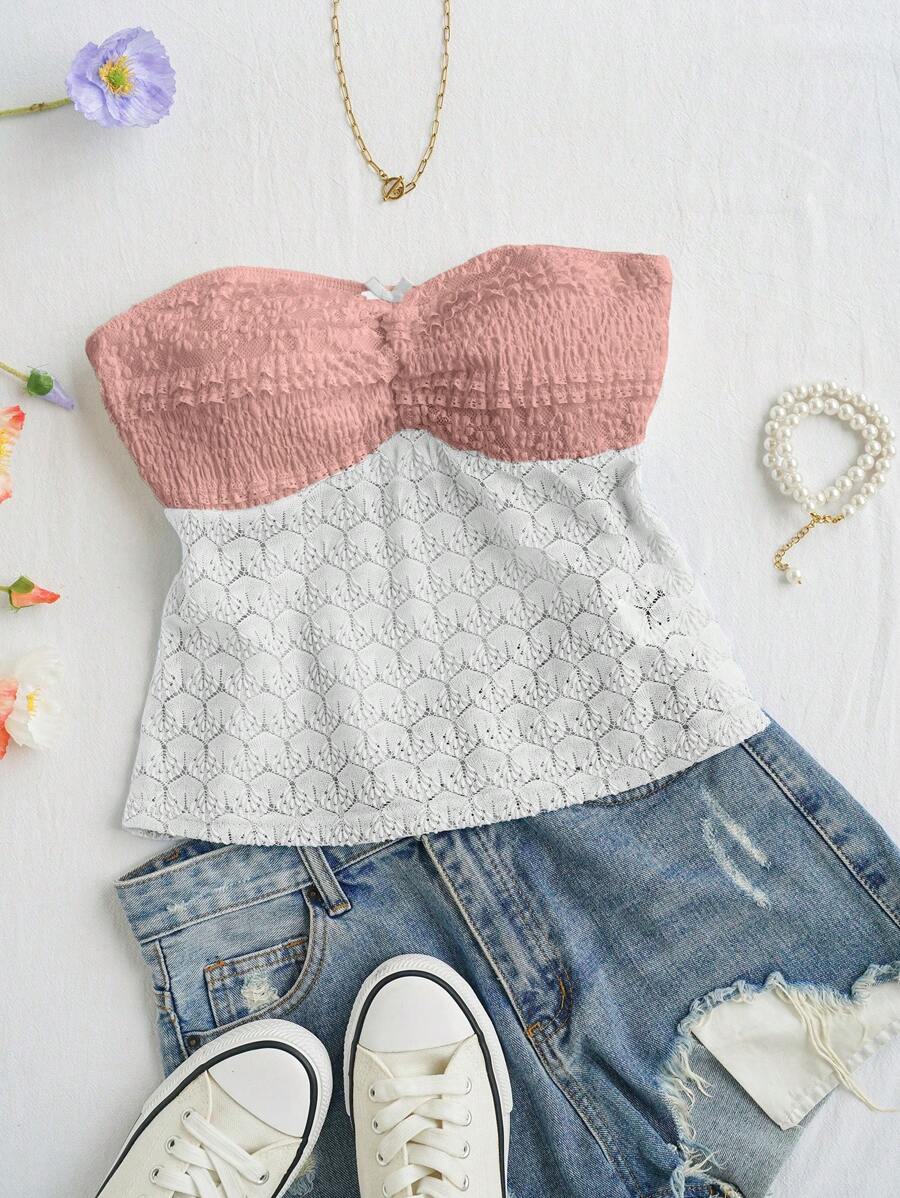 Soleia 夏季假日休閒拼接無肩帶上衣 - 淺粉色 - 查看 1