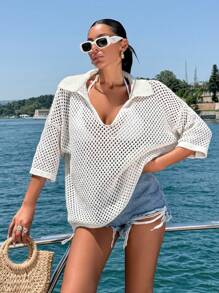 EURMUSE Top décontracté à col polo en tricot ouvert pour femme, pour l'été et les vacances à la plage - Beige - Voir 6