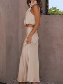 Mock Neck Crop Satin Top & Skirt - Apricot - View 3
