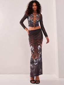 MUSERA Sheer Mesh Tiger Face Print Low Rise Maxi Skirt, For Wedding Guest, Summer, Elegant - Multicolor - View 3