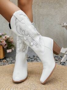 女士西部风格尖头中筒靴，刺绣粗跟牛仔靴 - 白色 - 查看 6