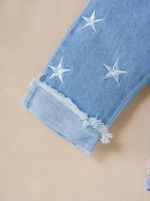 Baby Girls' Summer New Arrival Set: Simple Shirt With Star Embroidery And Jeans - Hot Pink - View 4