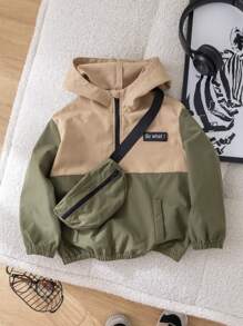 SHEIN 2pcs Young Boy Casual College Style Contrast Color Spliced With Accessories, Outdoorsy Tool Bag, Half-Open Zipper Hooded Jacket And Pants Suit, Suitable For Outdoor Activities, School Or Gathering, Autumn/Winter - Army Green - View 2