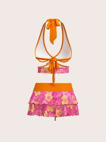 Sweetina Women's Summer Cute Holiday Hibiscus Flower Printed Halter Neck Backless Tank Top And Ruffled Tie Waist Skirt Set