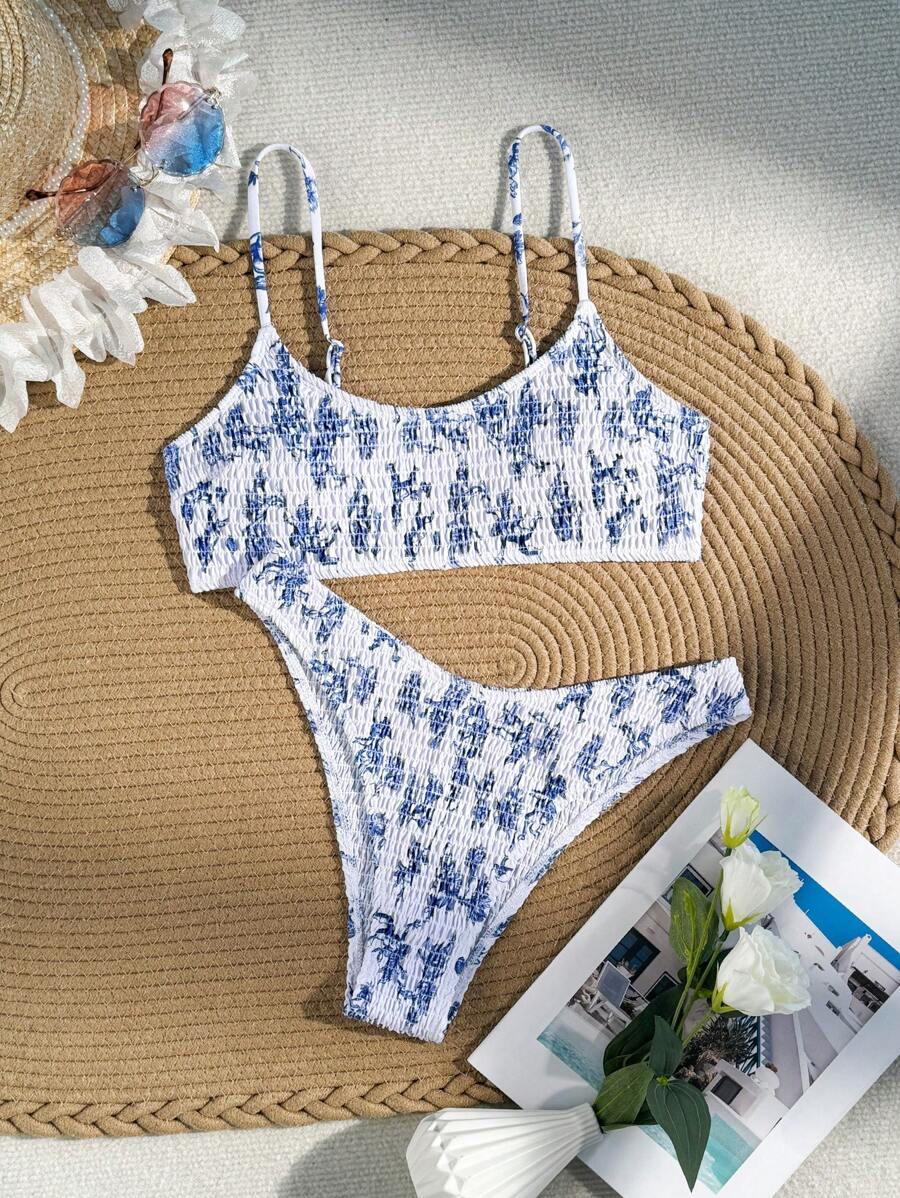 SHEIN Swim 女士夏季海灘花卉印花抽褶無肩帶性感比基尼套裝，隨機印花 - 彩色 - 查看 1