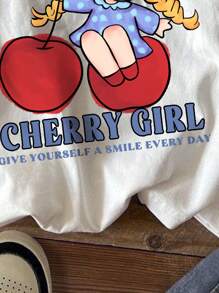 SHEIN 返校服 可爱T恤 少女装 公主 少女休闲樱桃卡通公主图案白色短袖圆领T恤 适合夏季动漫T恤anime Tshirtplayera 动漫 - 白色 - 查看 5