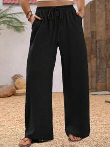 Linhara Plus Size Women's Solid Color Wide Leg Loose Casual Pants With Waist Tie And Pockets Fall Cloth For Women - Black - View 1